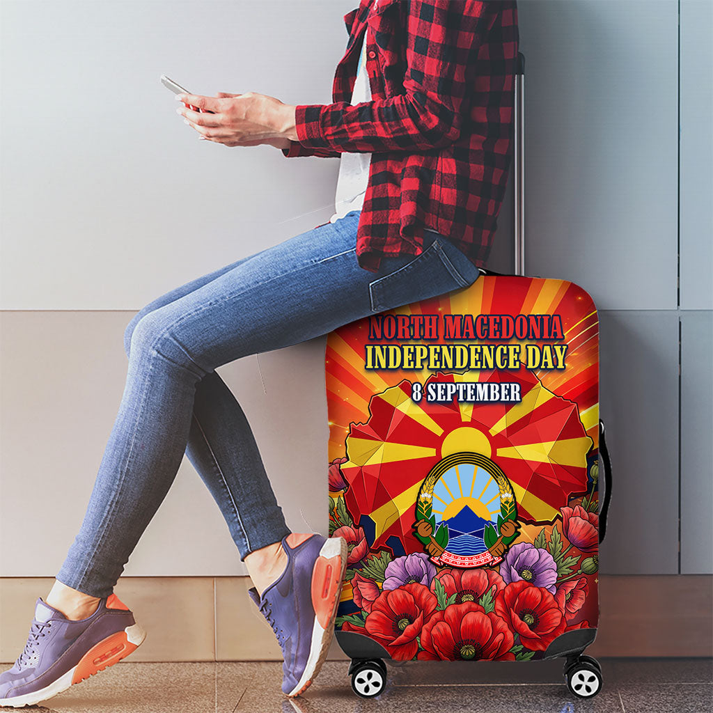 North Macedonia Independence Day Luggage Cover Balkan Lynx Red Poppy Flowers Church Flag