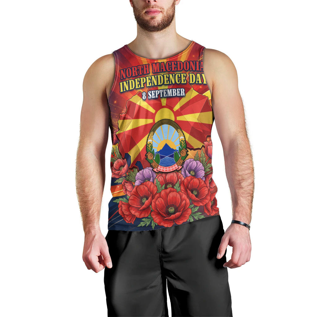 North Macedonia Independence Day Men Tank Top Balkan Lynx Red Poppy Flowers Church Flag
