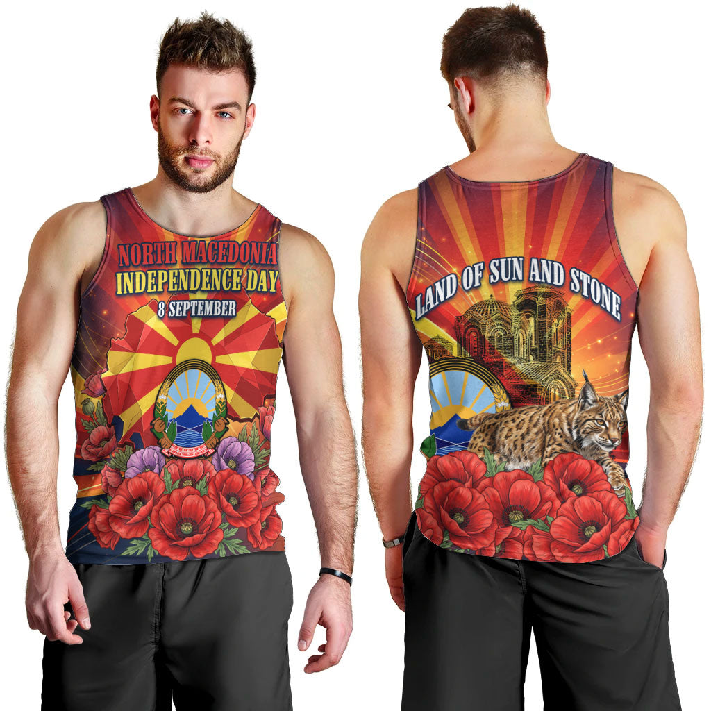 North Macedonia Independence Day Men Tank Top Balkan Lynx Red Poppy Flowers Church Flag
