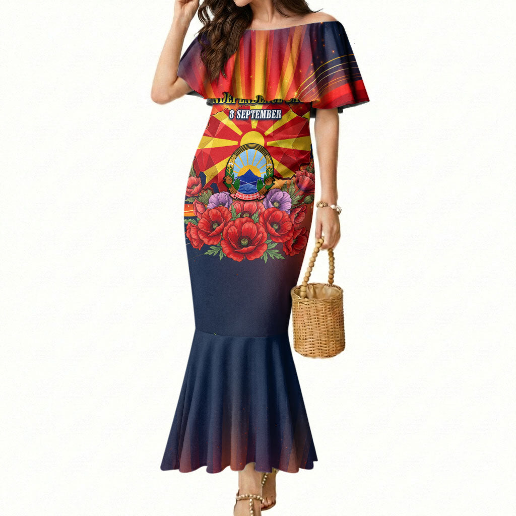 North Macedonia Independence Day Mermaid Dress Balkan Lynx Red Poppy Flowers Church Flag