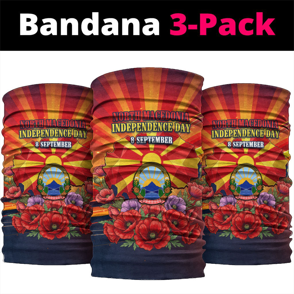 North Macedonia Independence Day Neck Gaiter Balkan Lynx Red Poppy Flowers Church Flag