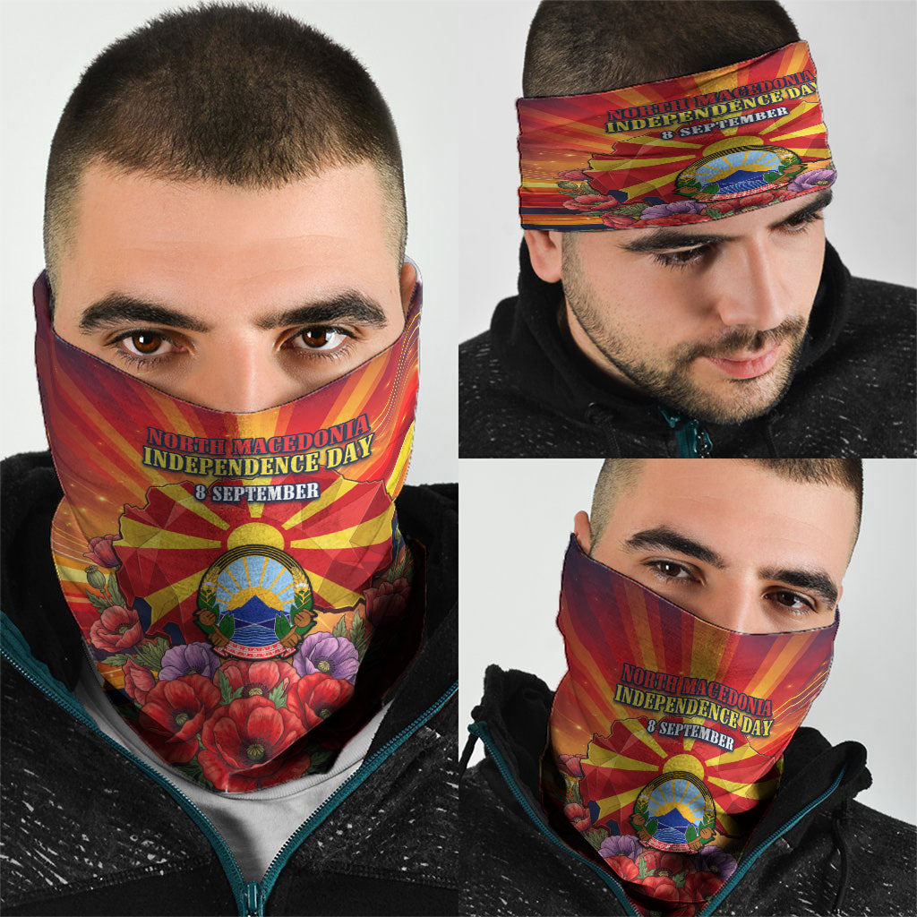 North Macedonia Independence Day Neck Gaiter Balkan Lynx Red Poppy Flowers Church Flag
