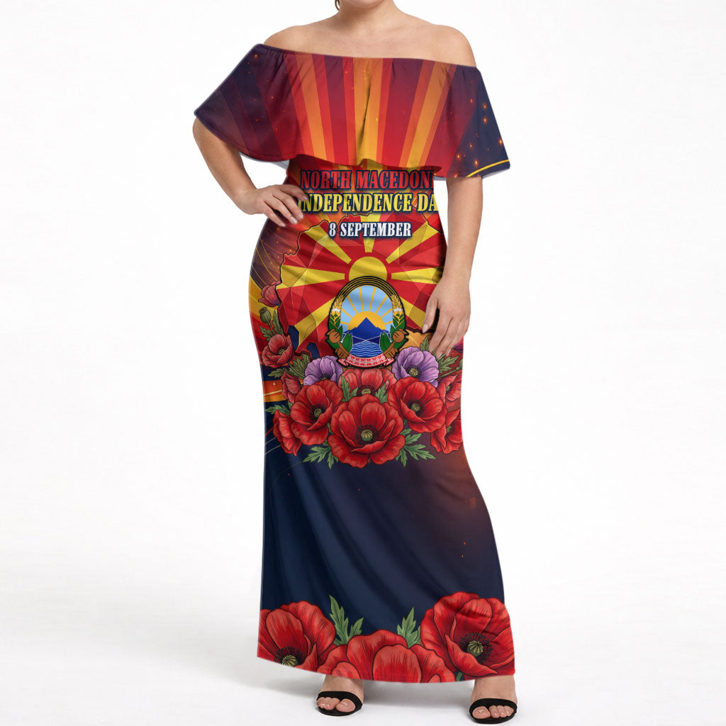 North Macedonia Independence Day Off Shoulder Maxi Dress Balkan Lynx Red Poppy Flowers Church Flag