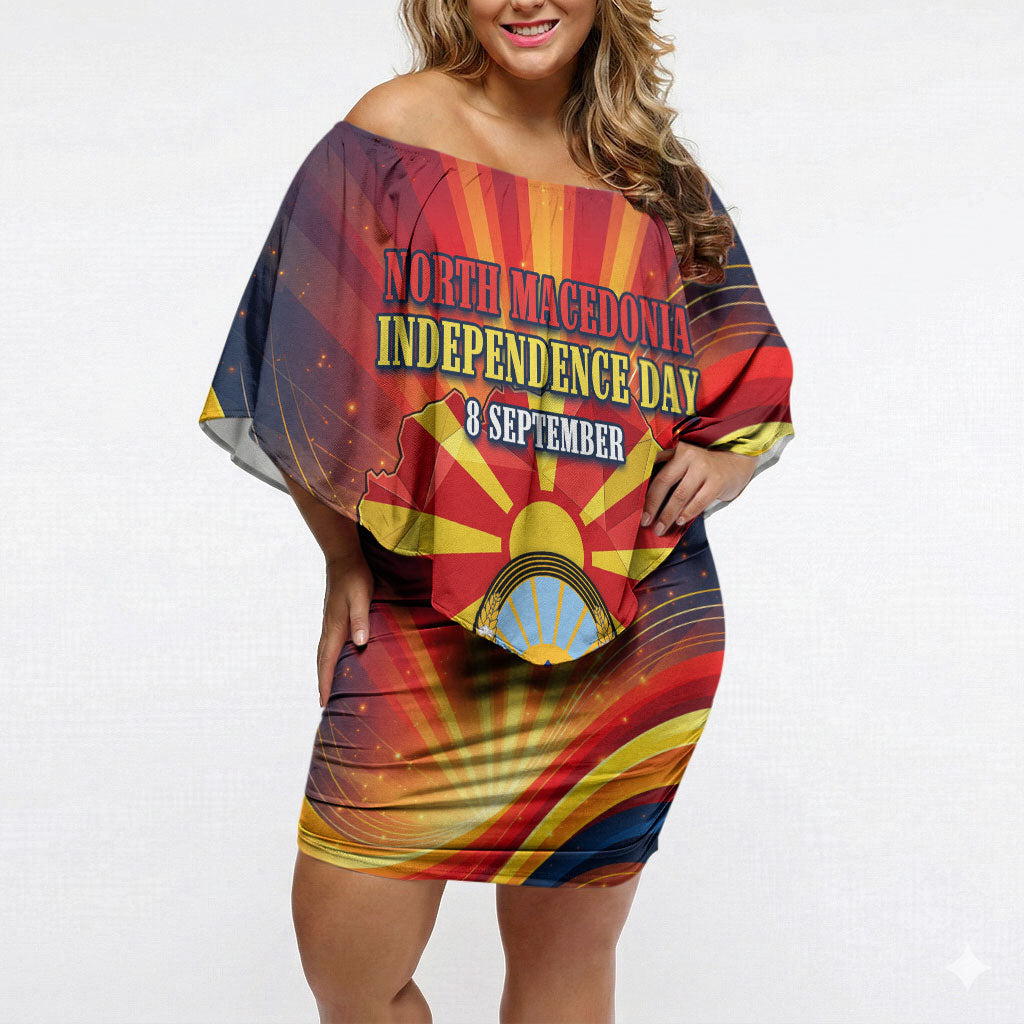 North Macedonia Independence Day Off Shoulder Short Dress Balkan Lynx Red Poppy Flowers Church Flag