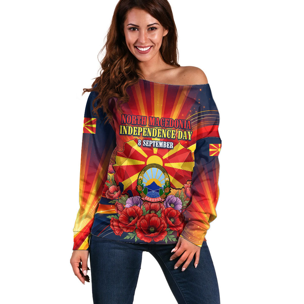 North Macedonia Independence Day Off Shoulder Sweater Balkan Lynx Red Poppy Flowers Church Flag
