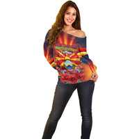 North Macedonia Independence Day Off Shoulder Sweater Balkan Lynx Red Poppy Flowers Church Flag