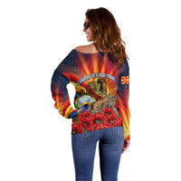 North Macedonia Independence Day Off Shoulder Sweater Balkan Lynx Red Poppy Flowers Church Flag