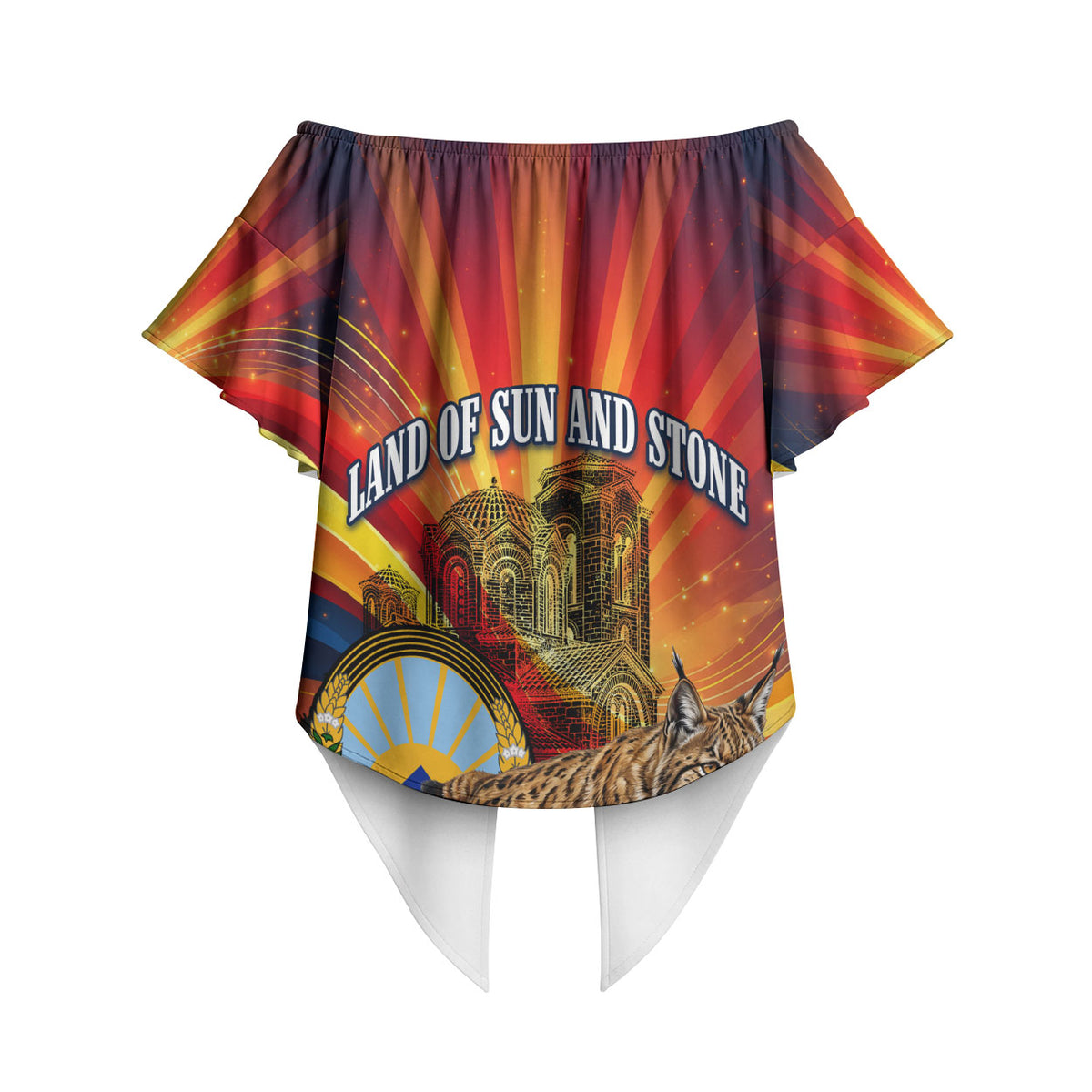 North Macedonia Independence Day Off Shoulder Wrap Waist Top Balkan Lynx Red Poppy Flowers Church Flag