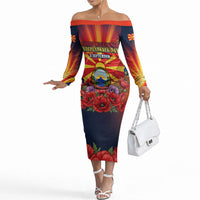 North Macedonia Independence Day Off The Shoulder Long Sleeve Dress Balkan Lynx Red Poppy Flowers Church Flag