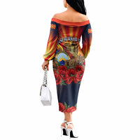 North Macedonia Independence Day Off The Shoulder Long Sleeve Dress Balkan Lynx Red Poppy Flowers Church Flag