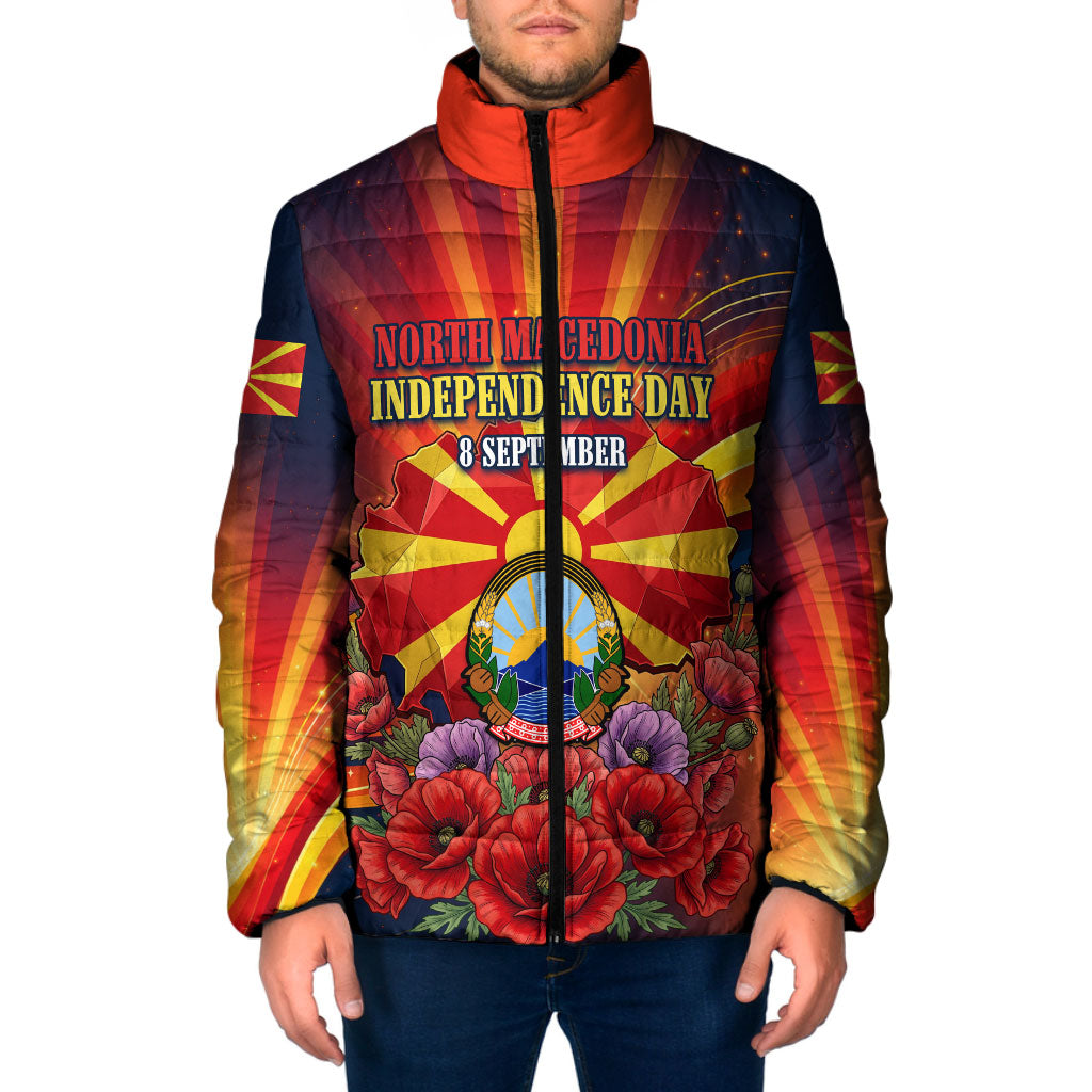 North Macedonia Independence Day Padded Jacket Balkan Lynx Red Poppy Flowers Church Flag