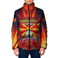 North Macedonia Independence Day Padded Jacket Balkan Lynx Red Poppy Flowers Church Flag