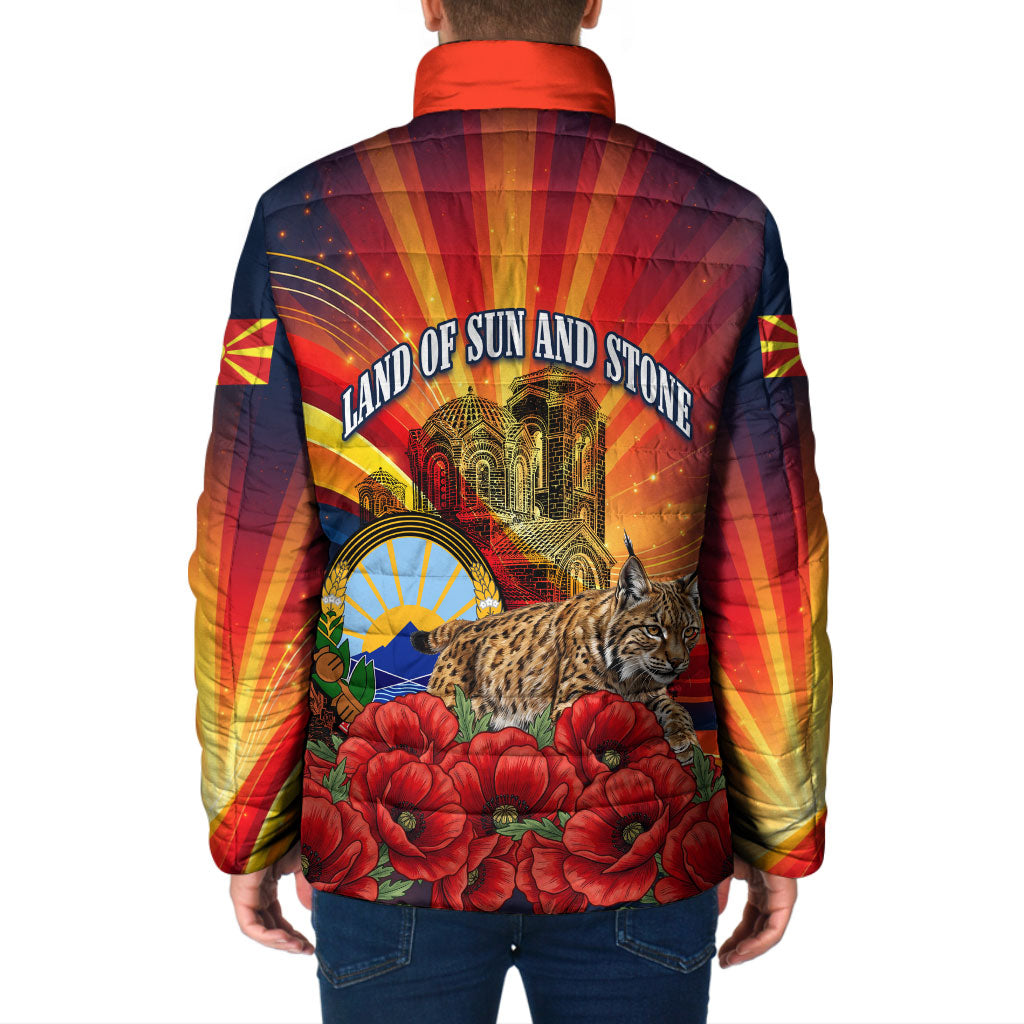 North Macedonia Independence Day Padded Jacket Balkan Lynx Red Poppy Flowers Church Flag