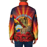 North Macedonia Independence Day Padded Jacket Balkan Lynx Red Poppy Flowers Church Flag