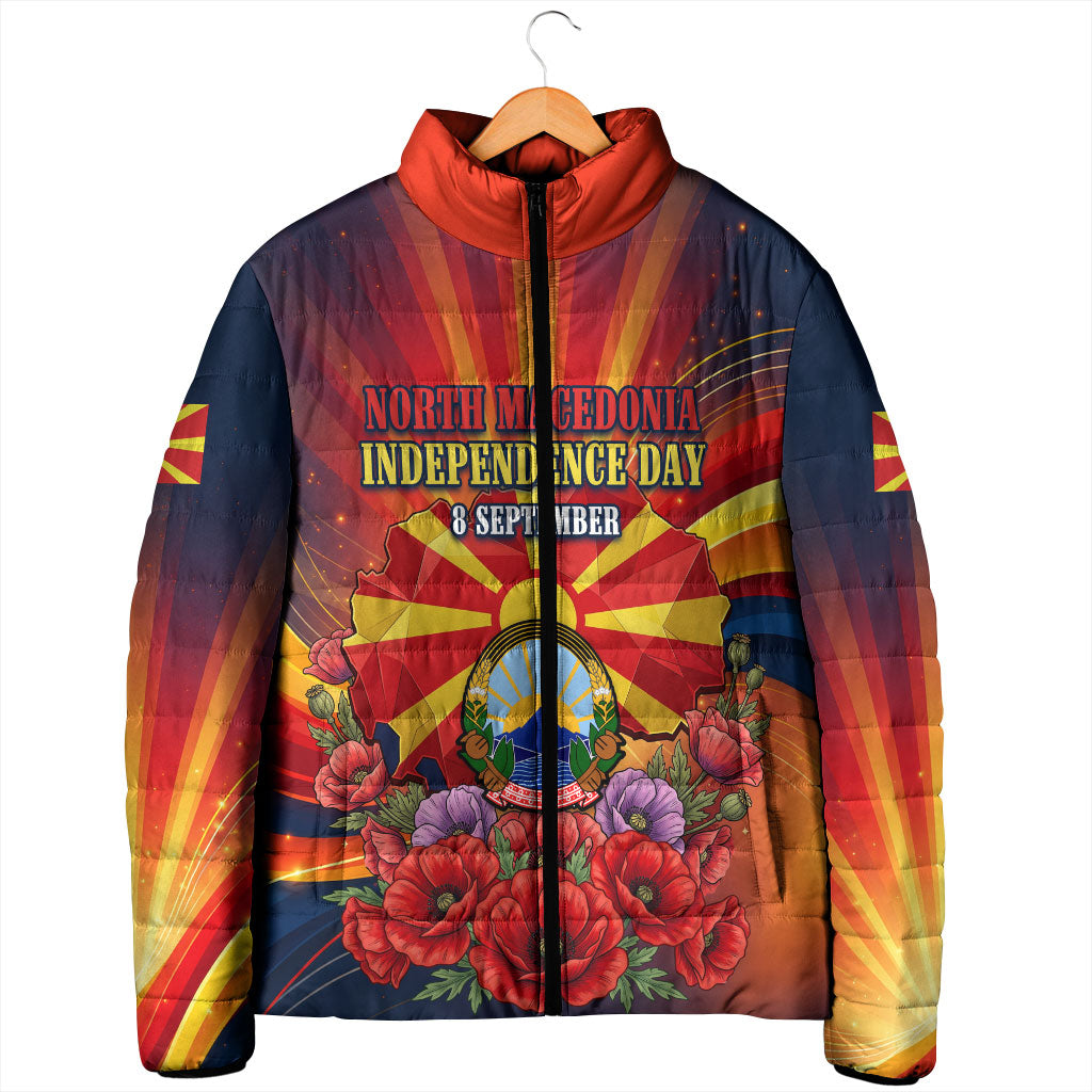 North Macedonia Independence Day Padded Jacket Balkan Lynx Red Poppy Flowers Church Flag