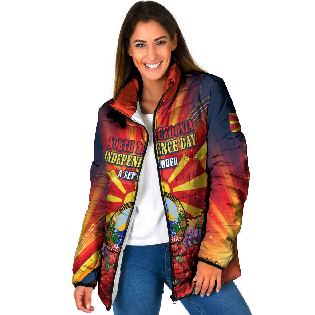 North Macedonia Independence Day Padded Jacket Balkan Lynx Red Poppy Flowers Church Flag