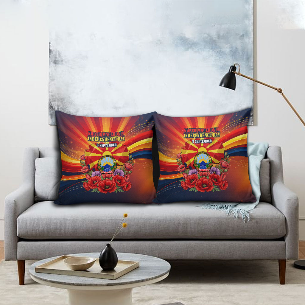 North Macedonia Independence Day Pillow Cover Balkan Lynx Red Poppy Flowers Church Flag
