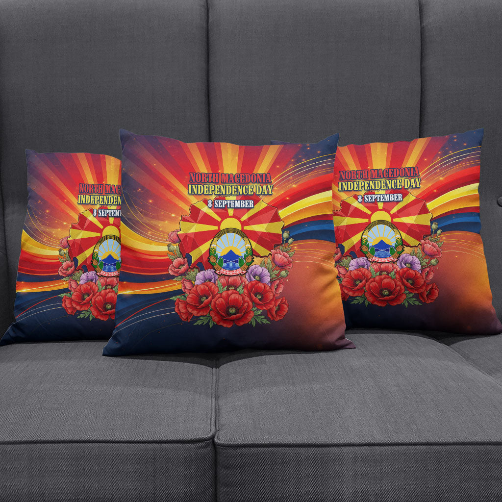 North Macedonia Independence Day Pillow Cover Balkan Lynx Red Poppy Flowers Church Flag