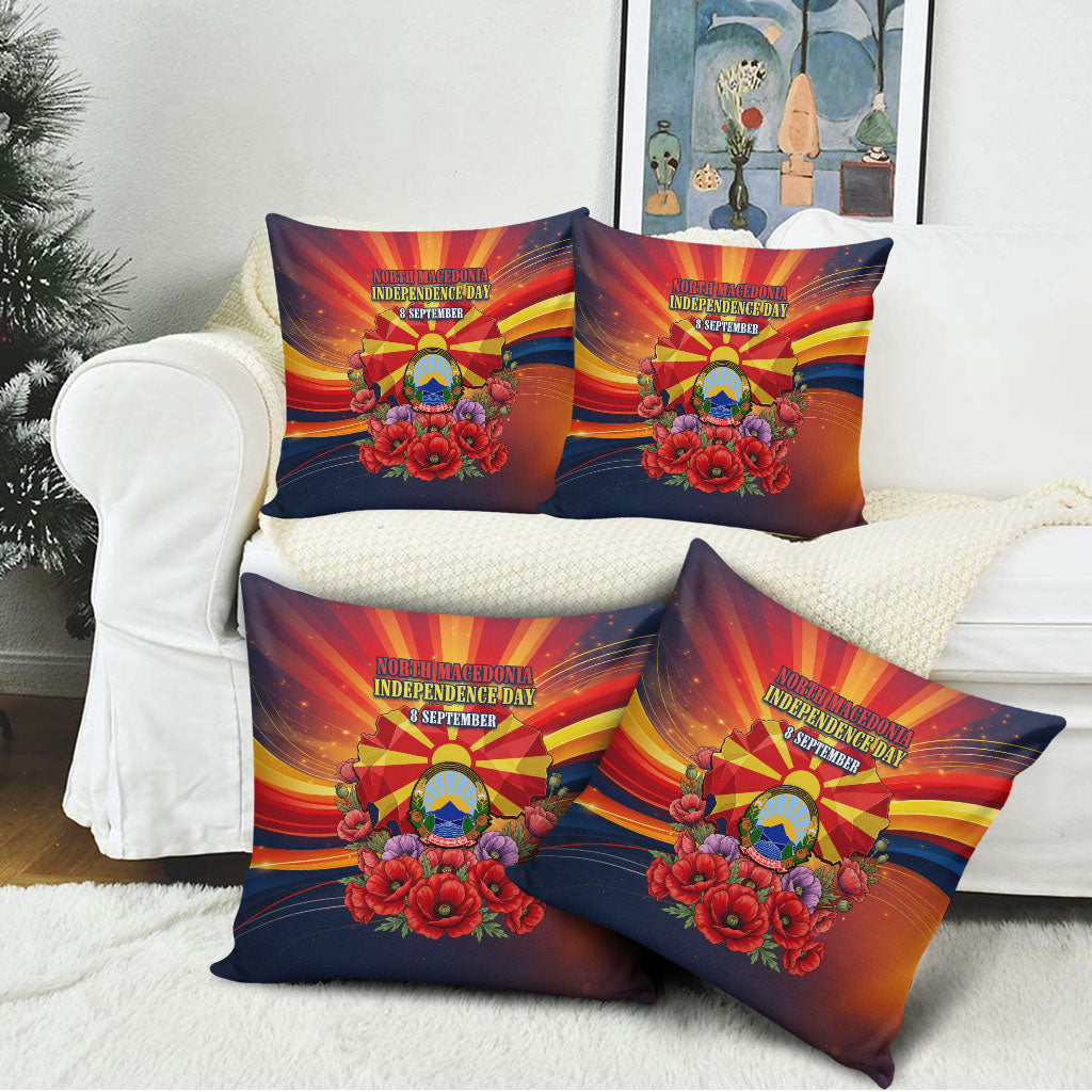 North Macedonia Independence Day Pillow Cover Balkan Lynx Red Poppy Flowers Church Flag