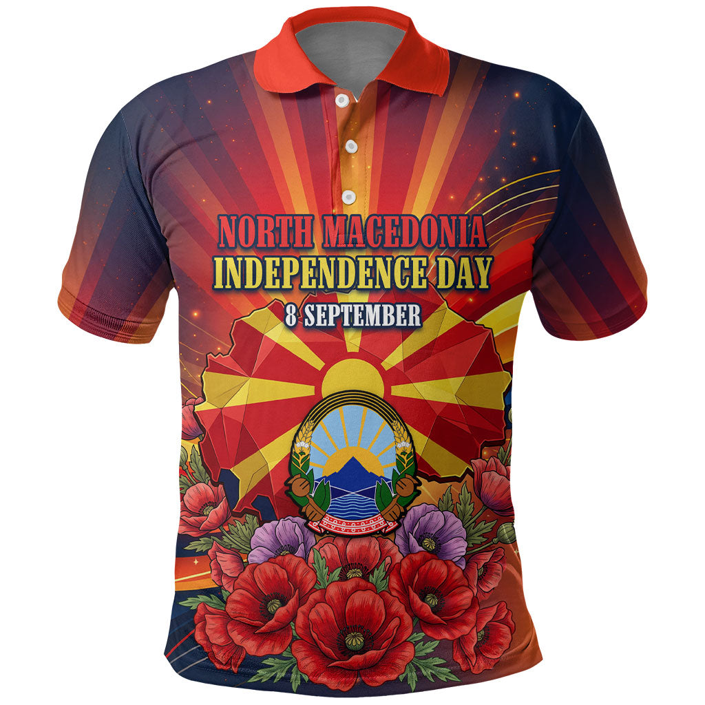 North Macedonia Independence Day Polo Shirt Balkan Lynx Red Poppy Flowers Church Flag