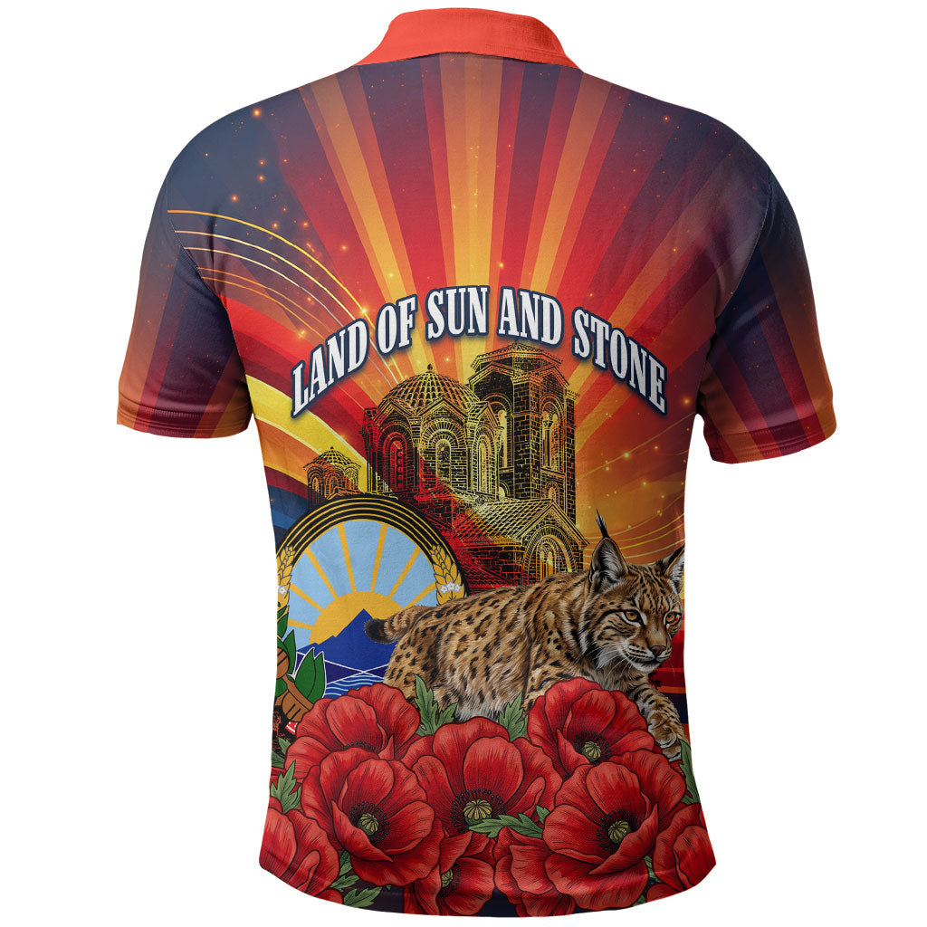 North Macedonia Independence Day Polo Shirt Balkan Lynx Red Poppy Flowers Church Flag
