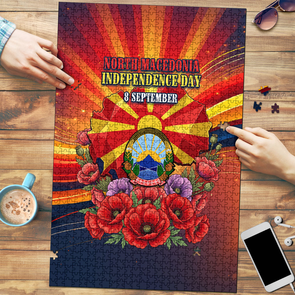 North Macedonia Independence Day Puzzle Balkan Lynx Red Poppy Flowers Church Flag