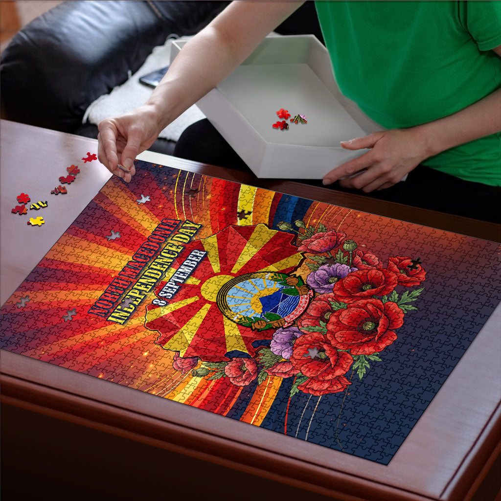 North Macedonia Independence Day Puzzle Balkan Lynx Red Poppy Flowers Church Flag