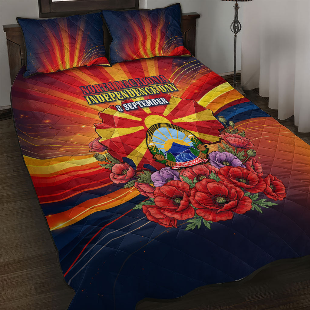 North Macedonia Independence Day Quilt Bed Set Balkan Lynx Red Poppy Flowers Church Flag