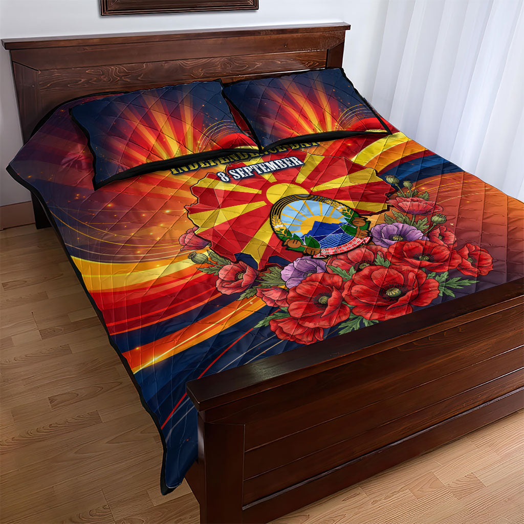 North Macedonia Independence Day Quilt Bed Set Balkan Lynx Red Poppy Flowers Church Flag