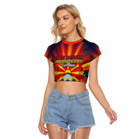 North Macedonia Independence Day Raglan Cropped T Shirt Balkan Lynx Red Poppy Flowers Church Flag