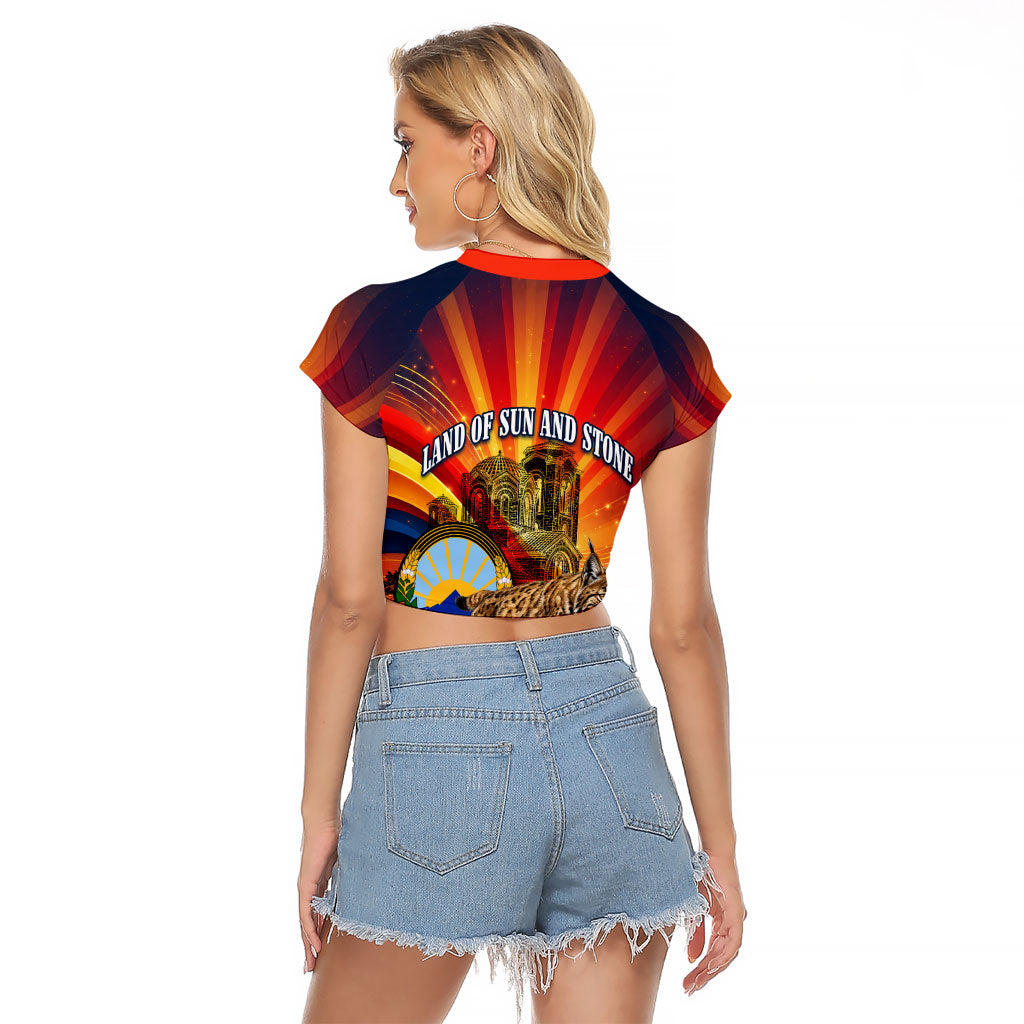 North Macedonia Independence Day Raglan Cropped T Shirt Balkan Lynx Red Poppy Flowers Church Flag