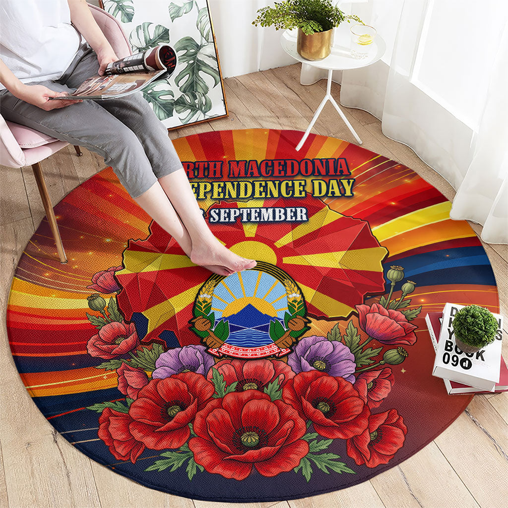 North Macedonia Independence Day Round Carpet Balkan Lynx Red Poppy Flowers Church Flag