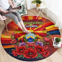 North Macedonia Independence Day Round Carpet Balkan Lynx Red Poppy Flowers Church Flag