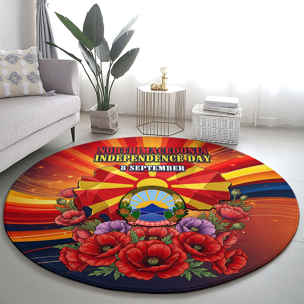 North Macedonia Independence Day Round Carpet Balkan Lynx Red Poppy Flowers Church Flag