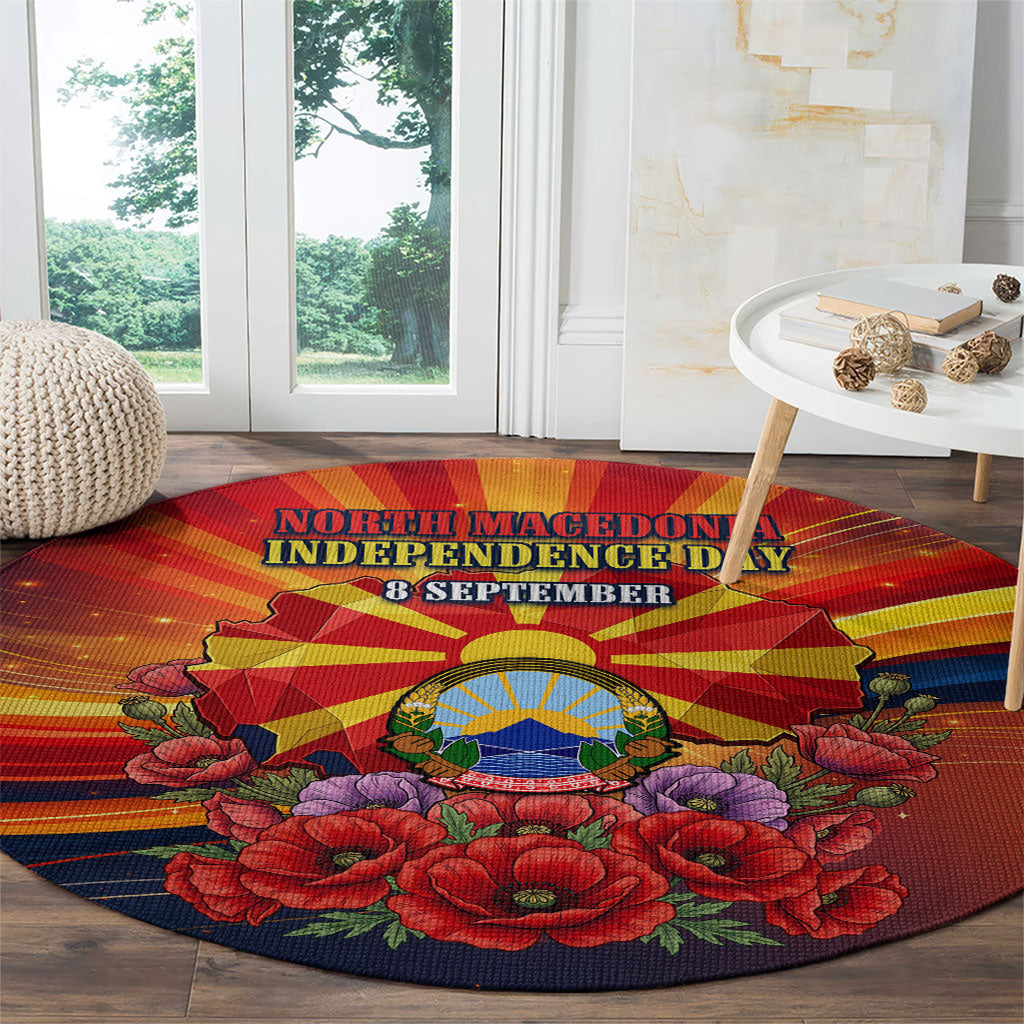 North Macedonia Independence Day Round Carpet Balkan Lynx Red Poppy Flowers Church Flag