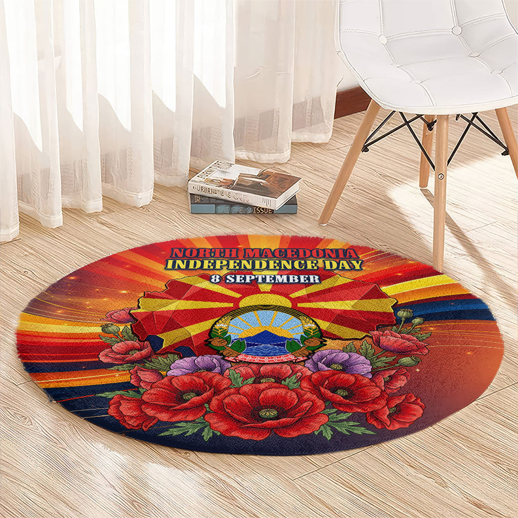 North Macedonia Independence Day Round Carpet Balkan Lynx Red Poppy Flowers Church Flag