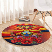 North Macedonia Independence Day Round Carpet Balkan Lynx Red Poppy Flowers Church Flag