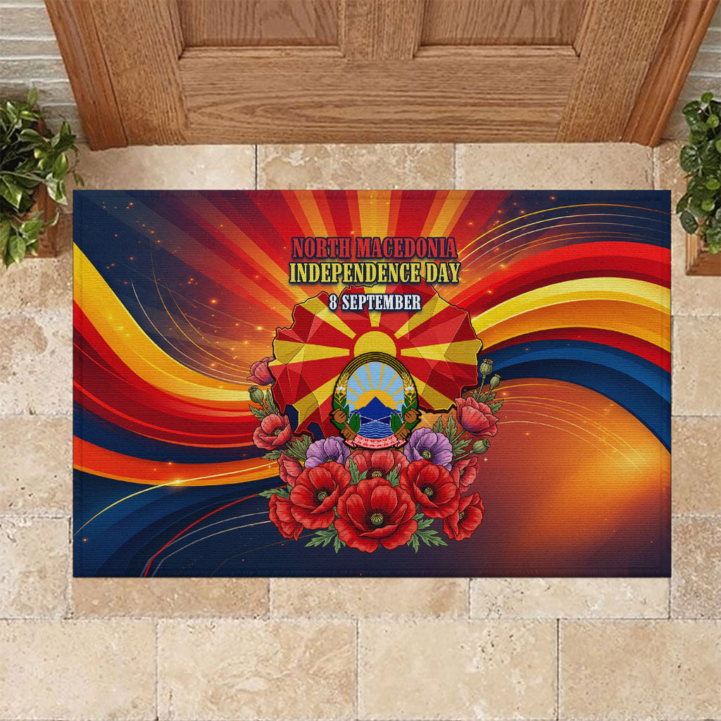 North Macedonia Independence Day Rubber Doormat Balkan Lynx Red Poppy Flowers Church Flag