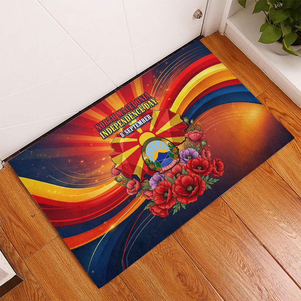 North Macedonia Independence Day Rubber Doormat Balkan Lynx Red Poppy Flowers Church Flag