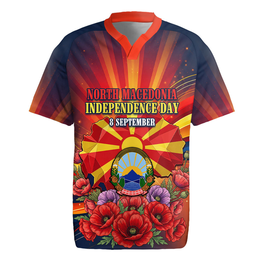 North Macedonia Independence Day Rugby Jersey Balkan Lynx Red Poppy Flowers Church Flag