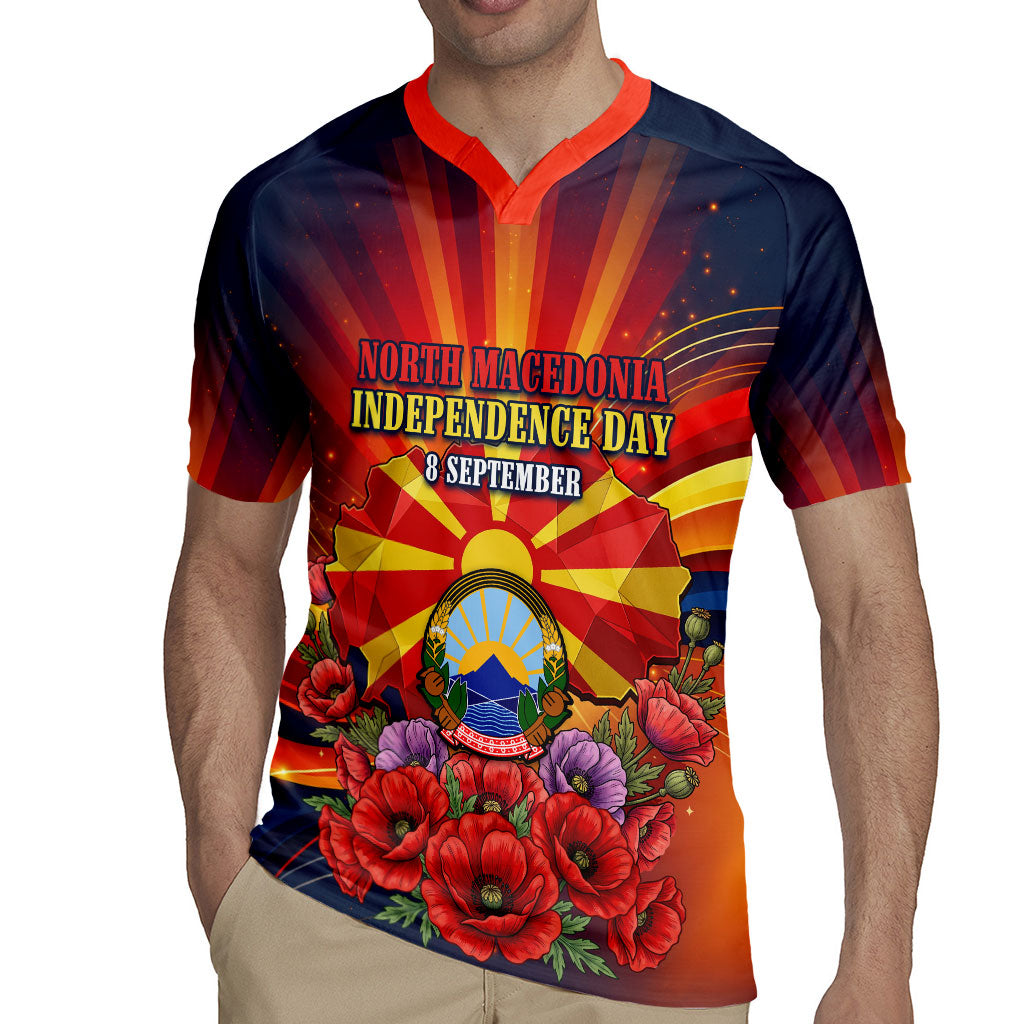 North Macedonia Independence Day Rugby Jersey Balkan Lynx Red Poppy Flowers Church Flag