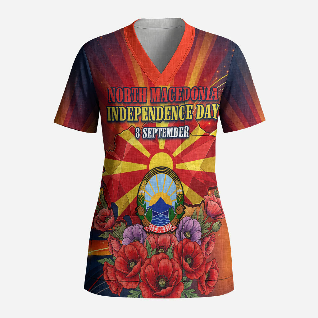 North Macedonia Independence Day Scrub Top Balkan Lynx Red Poppy Flowers Church Flag