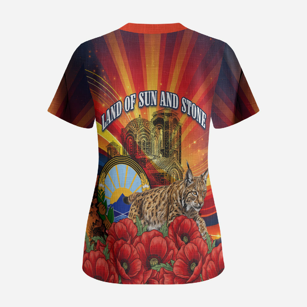 North Macedonia Independence Day Scrub Top Balkan Lynx Red Poppy Flowers Church Flag