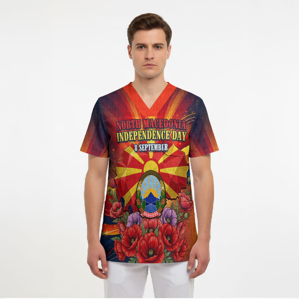 North Macedonia Independence Day Scrub Top Balkan Lynx Red Poppy Flowers Church Flag