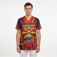 North Macedonia Independence Day Scrub Top Balkan Lynx Red Poppy Flowers Church Flag