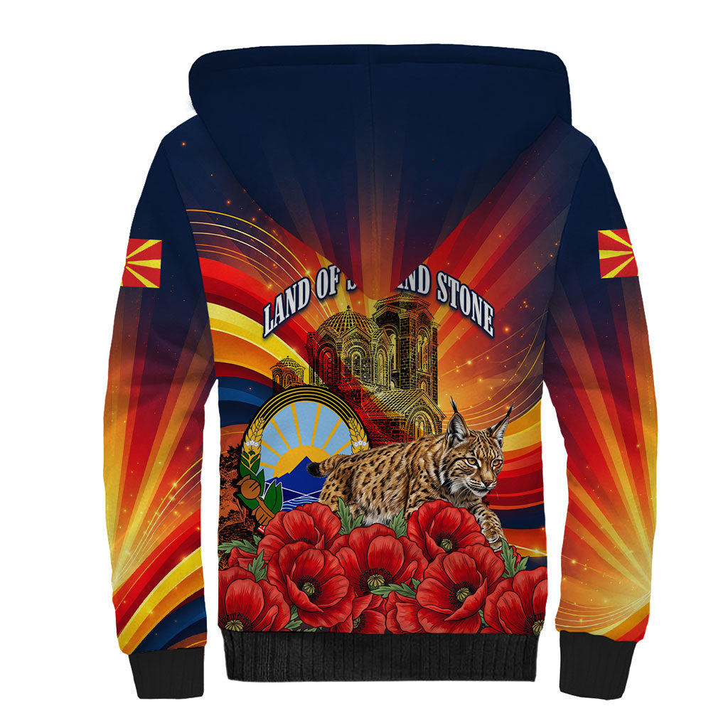 North Macedonia Independence Day Sherpa Hoodie Balkan Lynx Red Poppy Flowers Church Flag