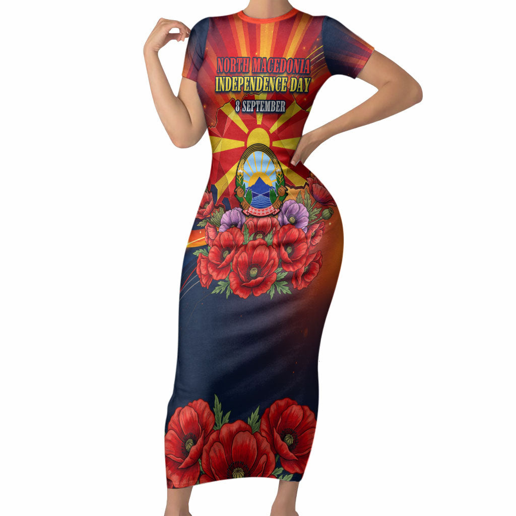 North Macedonia Independence Day Short Sleeve Bodycon Dress Balkan Lynx Red Poppy Flowers Church Flag