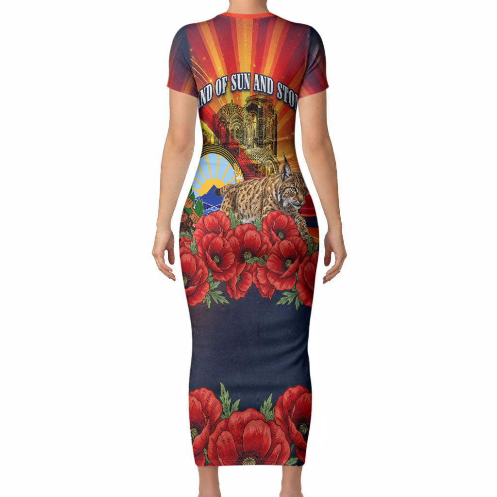 North Macedonia Independence Day Short Sleeve Bodycon Dress Balkan Lynx Red Poppy Flowers Church Flag