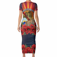 North Macedonia Independence Day Short Sleeve Bodycon Dress Balkan Lynx Red Poppy Flowers Church Flag