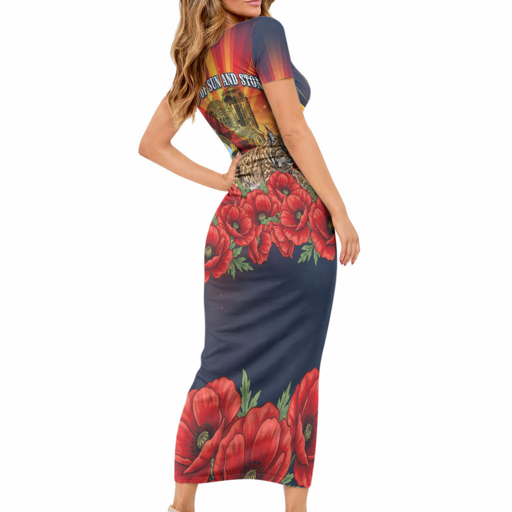North Macedonia Independence Day Short Sleeve Bodycon Dress Balkan Lynx Red Poppy Flowers Church Flag